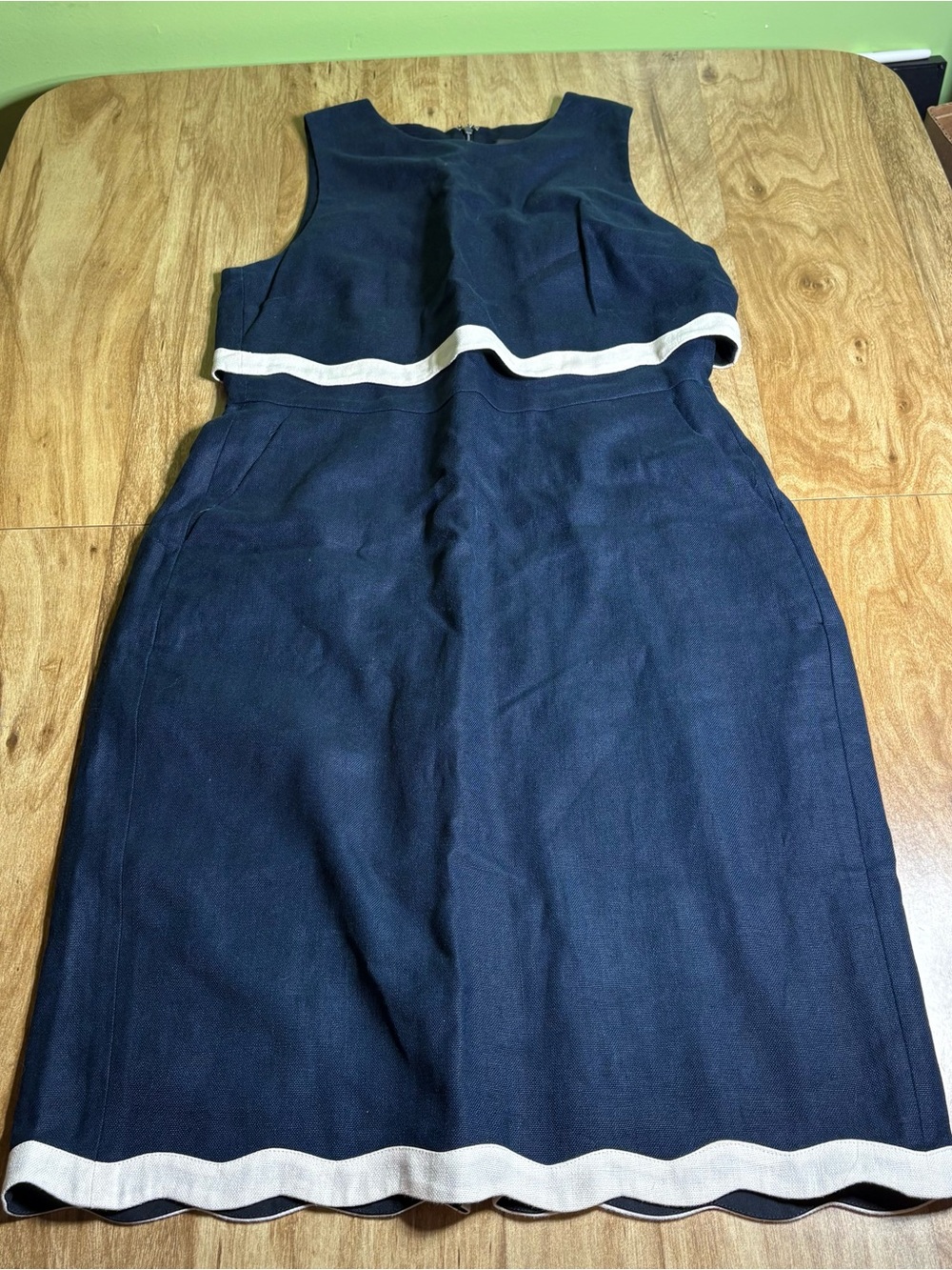 J. Crew Navy Blue 100% Linen Scalloped Trim Zip Back Lined Dress Womens Size 10